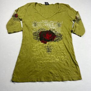 Sledge USA Script Graphic Tee Rose Print 3/4 Sleeve Boho Rocker Y2K T-Shirt XL